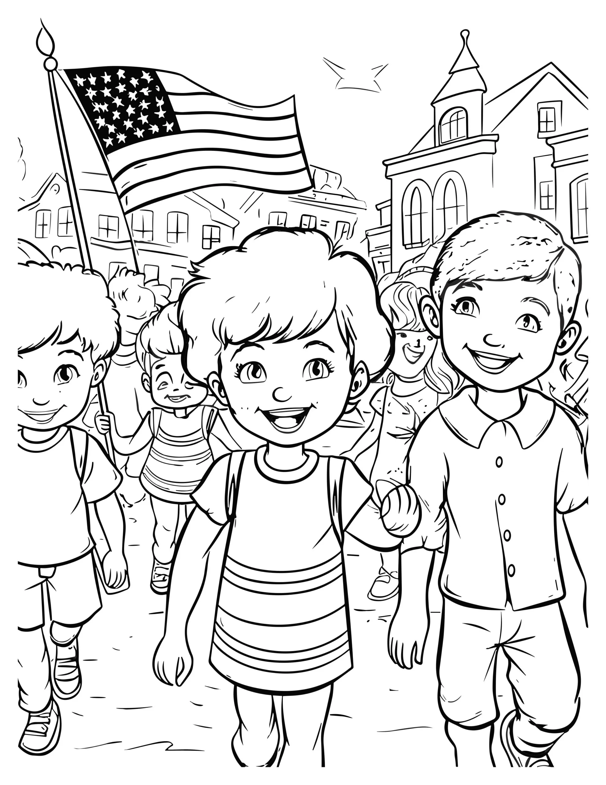 Children Marching With American Flag