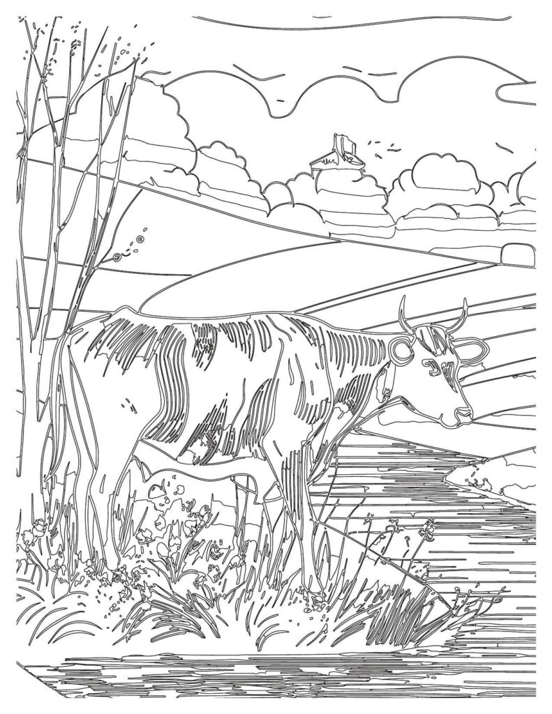 A Cow Stands Near A River cow coloring pages