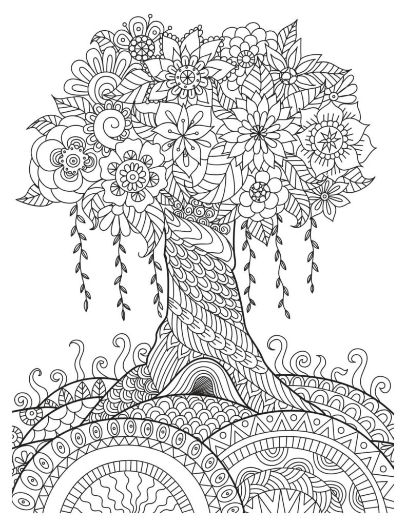 Abstract Tree On Hill tranquil nature coloring pages