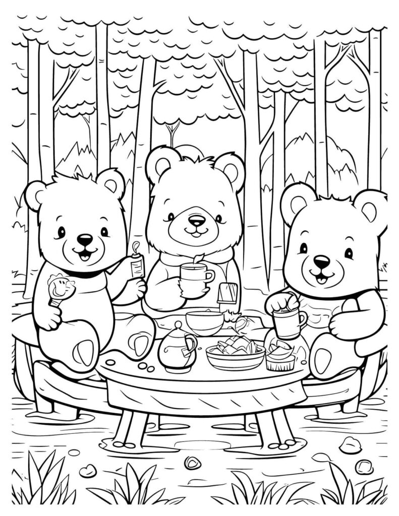 Bear Tea Party In The Forest Friend Coloring Pages