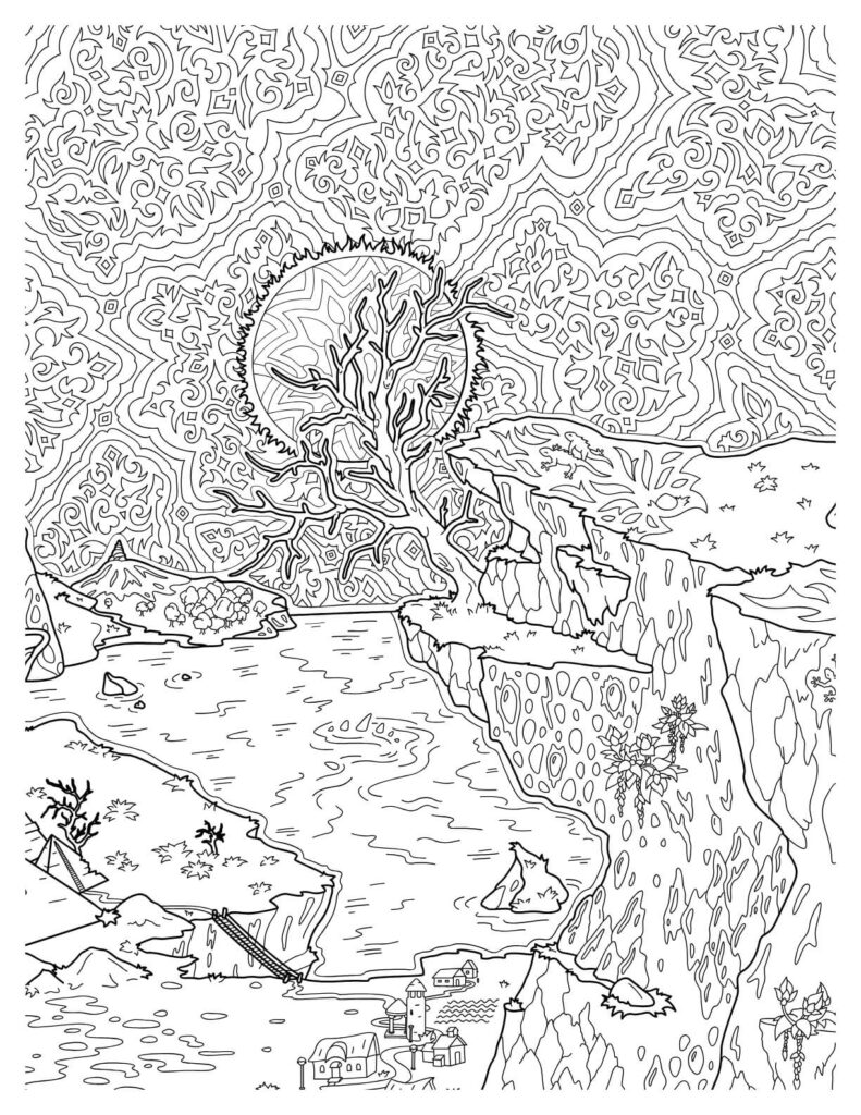 tranquil nature coloring pages Beautiful Linear Illustration 