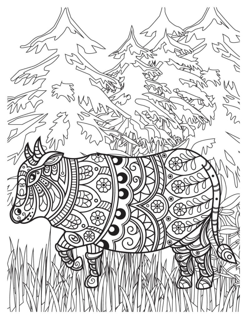 Bull In Zentangle Style Stands In Field