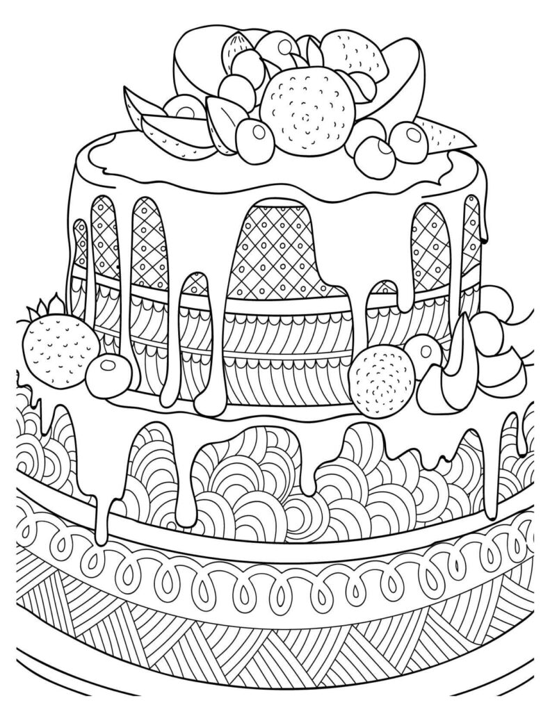 Cakes & Pies Coloring Pages With Fruit Decoration