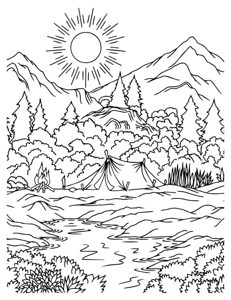 Camping Mountain Landscape Outline 