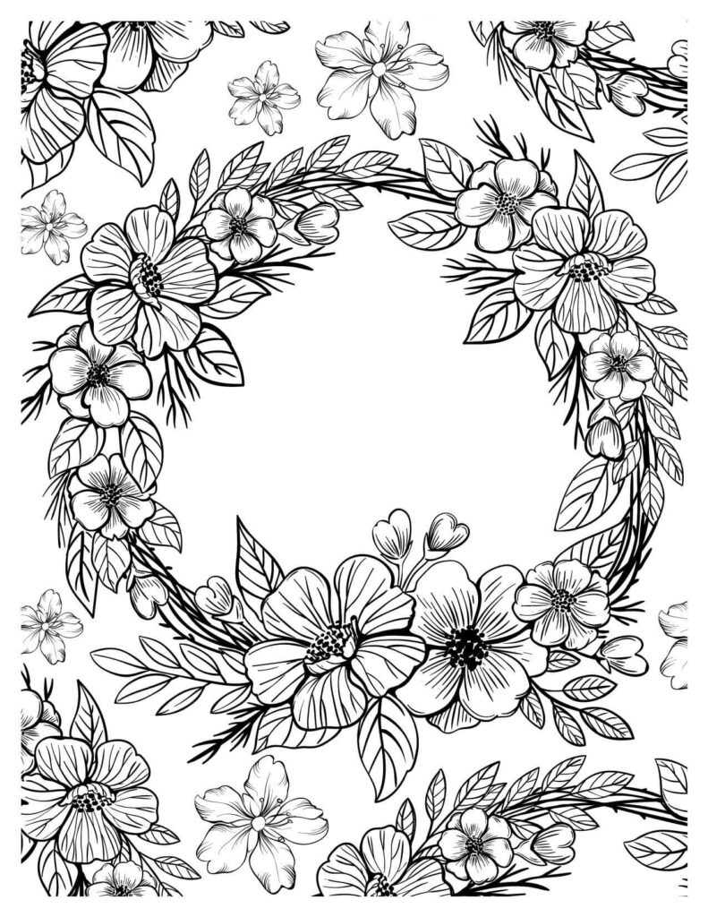 Charming Floral Wreath Coloring Gem folwers coloring pages