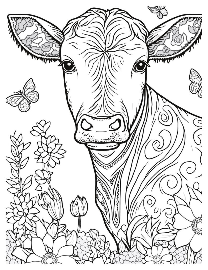 Cow With Butterflies And Flowers