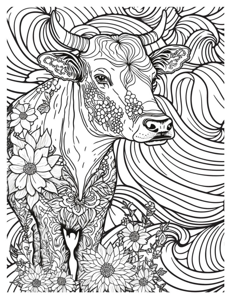 Cow With Flowers And Swirls Background 