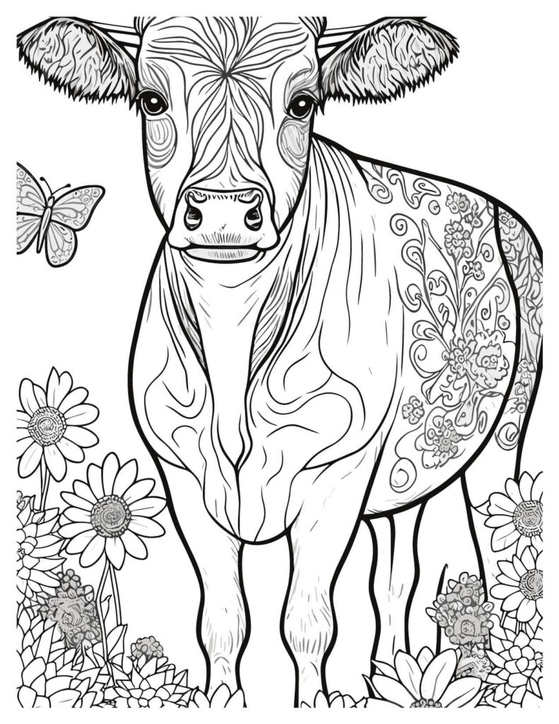 Cute Cow With Butterfly And Flowers