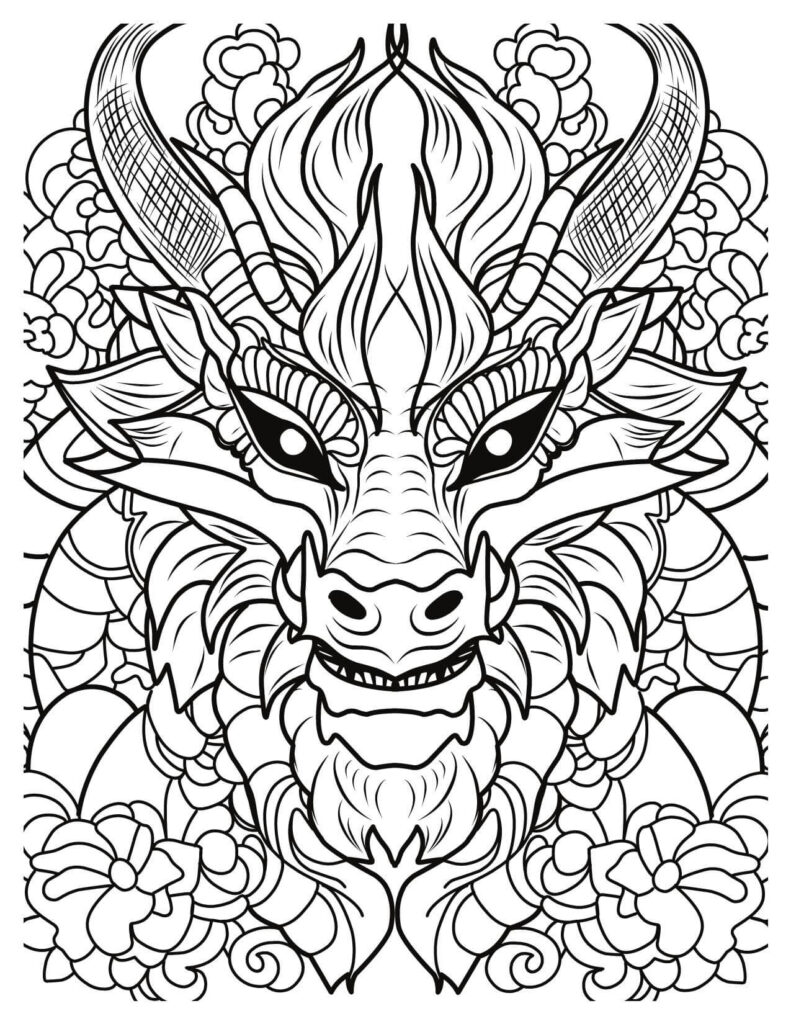 Dragon Face With Horns Coloring Page
