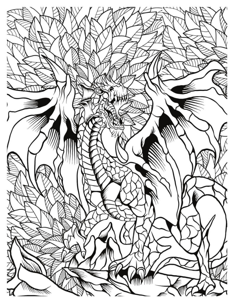 Enraged Dragon in Forest Coloring Page