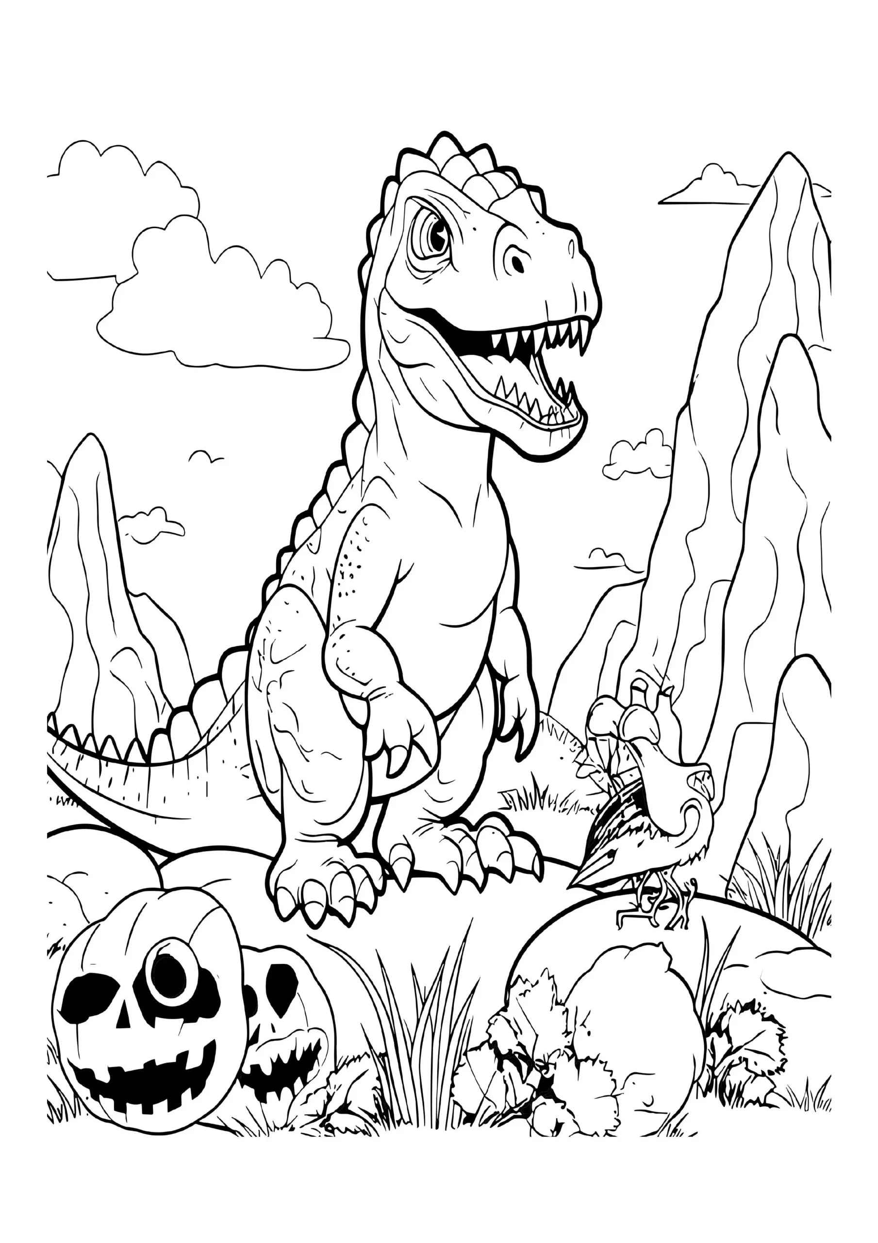 Dinosaur And Skulls In Mountains