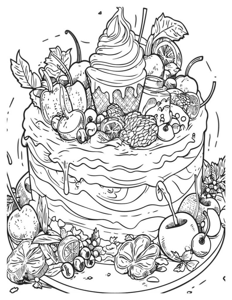 Fruit Cake With Cup Cake In Cakes & Pies Coloring Pages