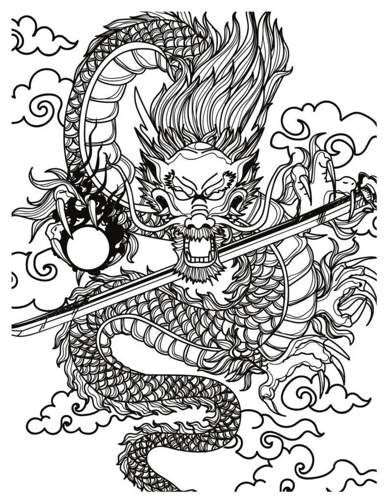 Furious Dragon And Sword Coloring Page