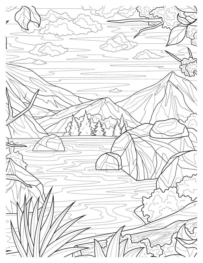 Lake and mountains Tranquil Nature Coloring Page