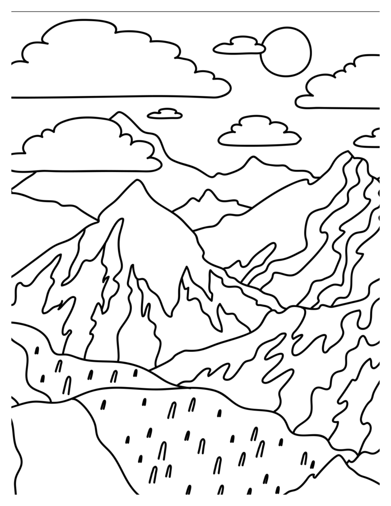 Majestic Mountain Range With Precise Linework Mountain Coloring Pages