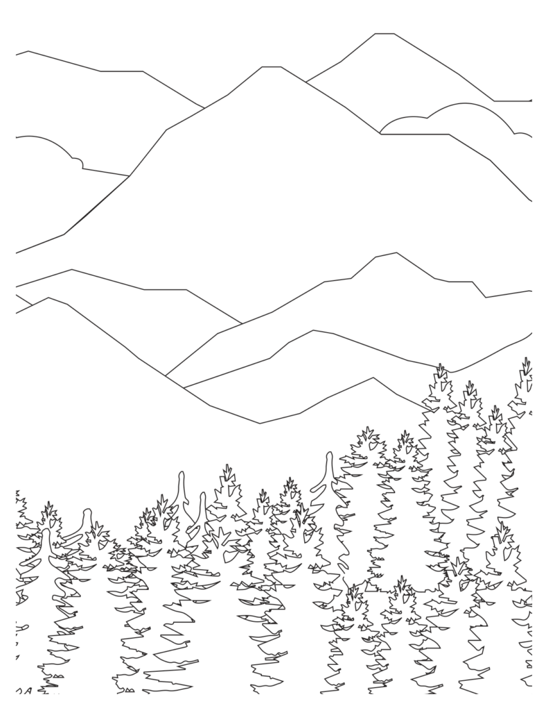 Mountain Line Art With Pine Trees