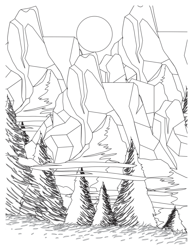 Mountain Range Sunset Coloring Page