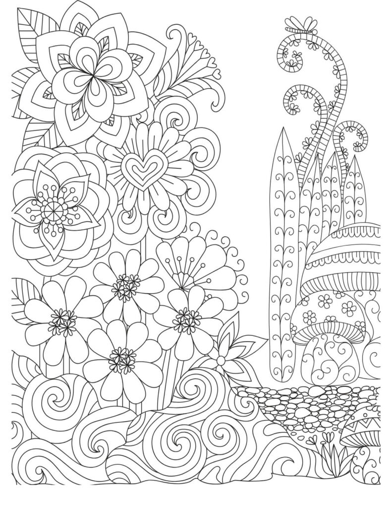 Mushrooms and Flowers Coloring Page