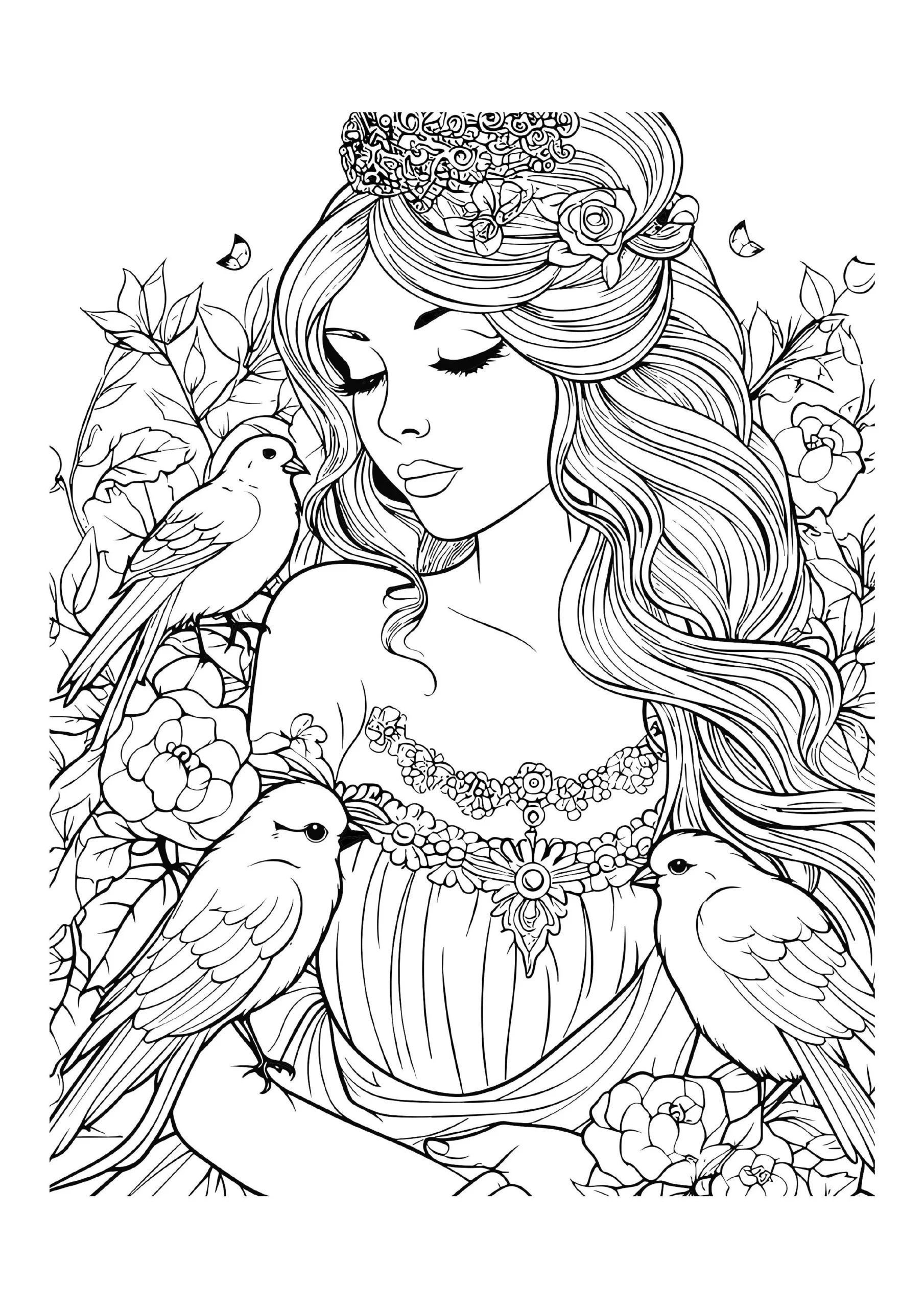 Princess With Birds And Flowers