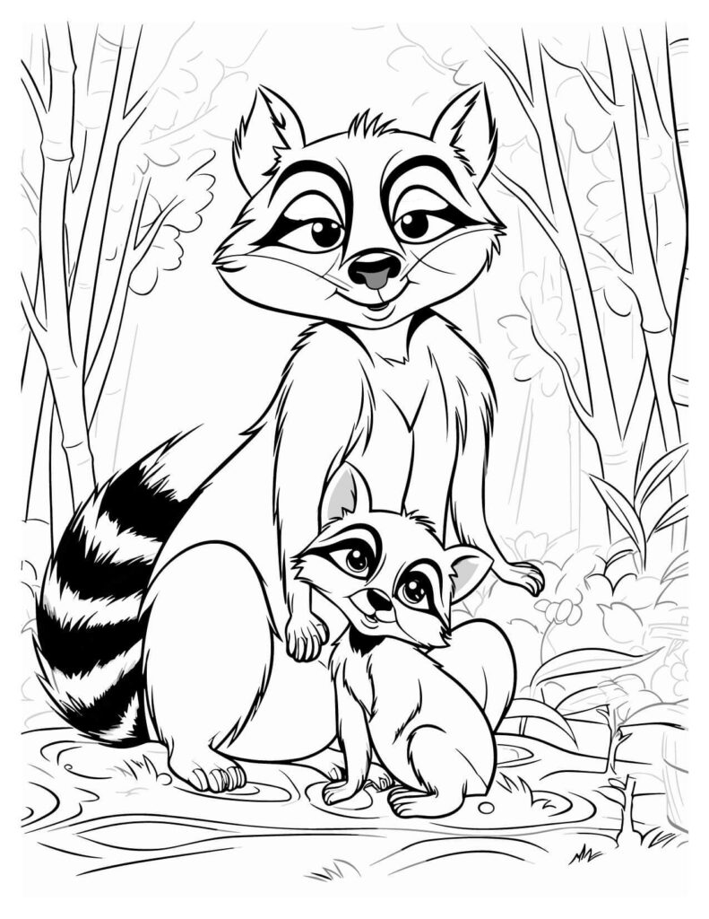 Raccoon And Her Baby Forest Friend Coloring Pages