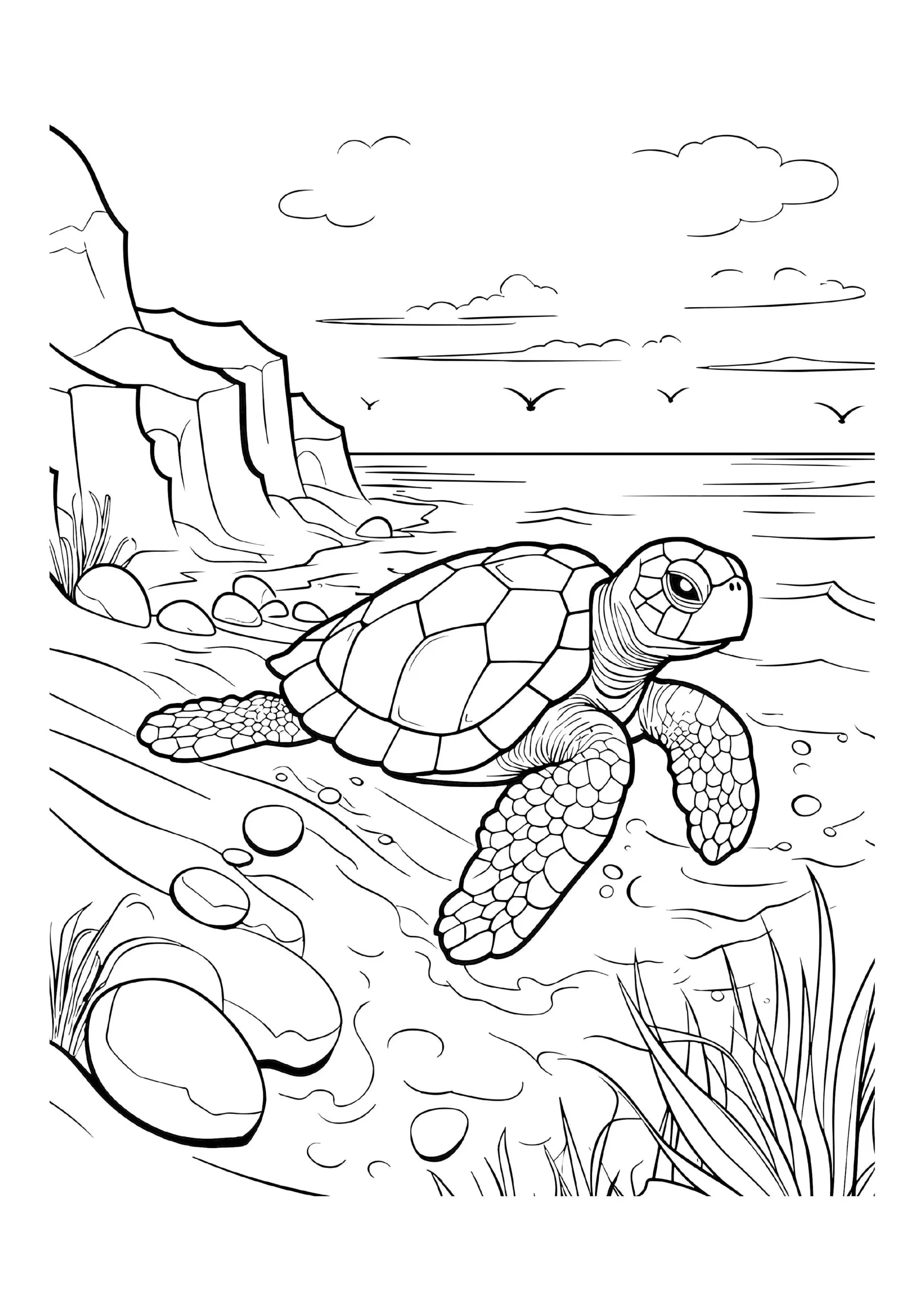 Turtle's Journey Along The Rocky Shore