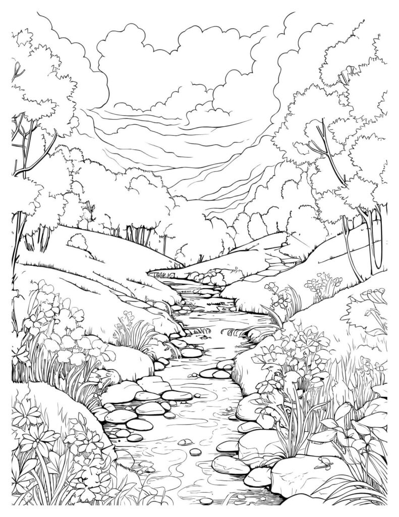 Small Stream In A Forest tranquil nature coloring pages