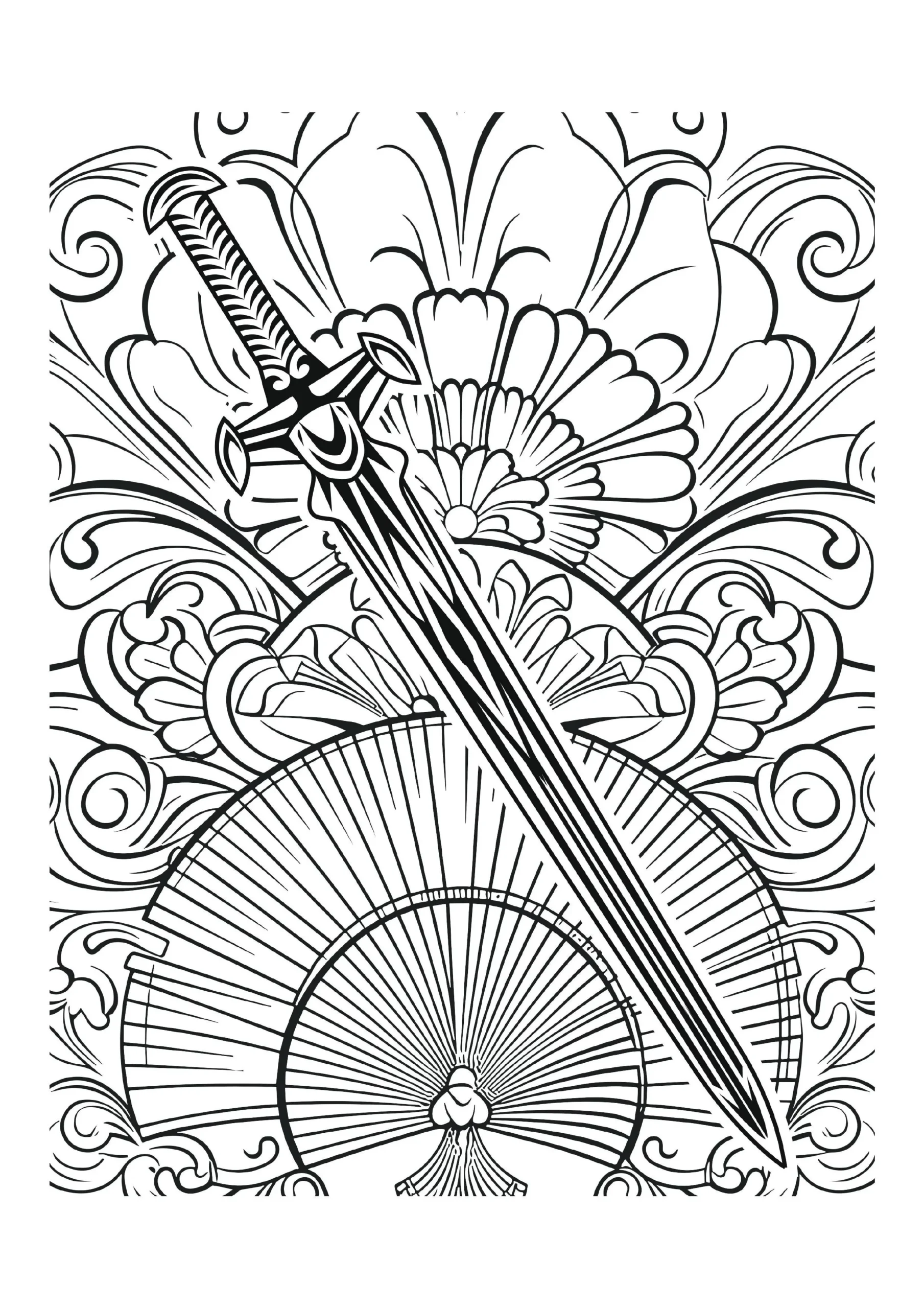 Sword With Regal Fan And Floral Accents