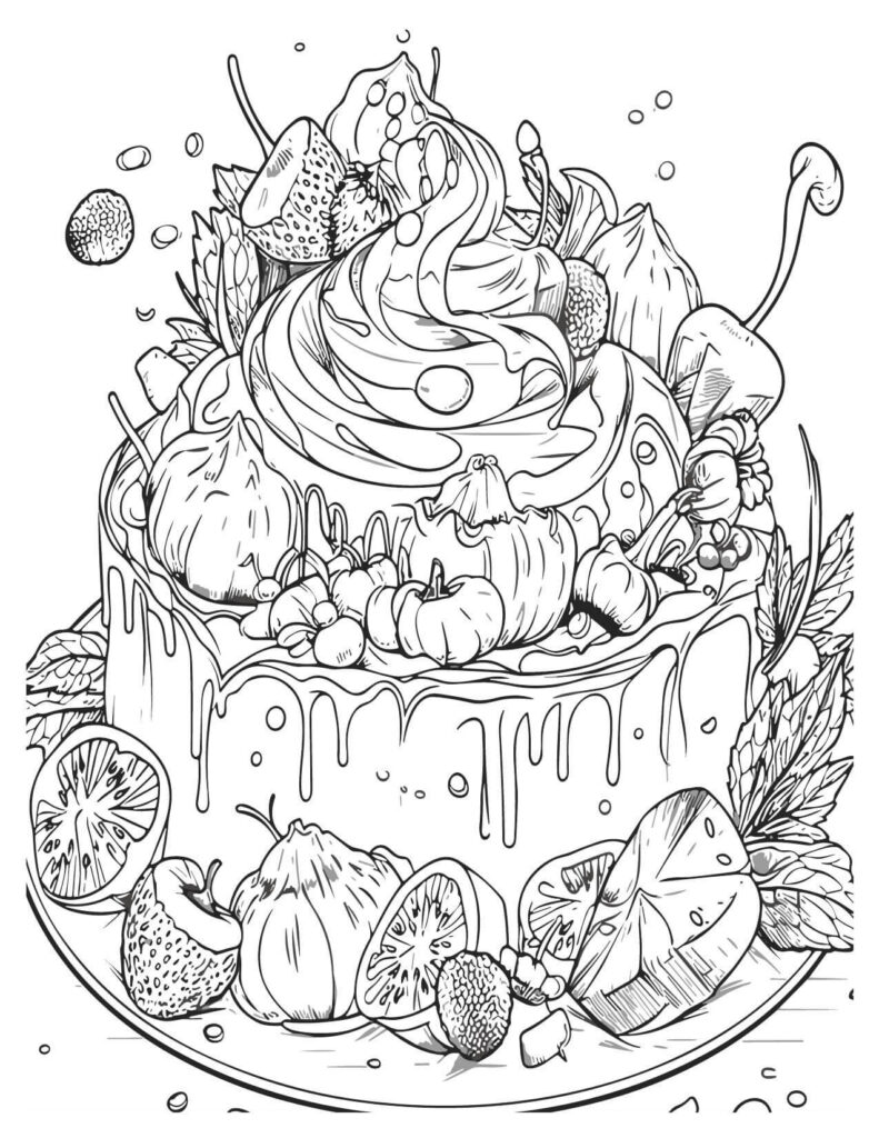 Tasty Big Fruit Cake On Table Cakes & Pies Coloring Pages