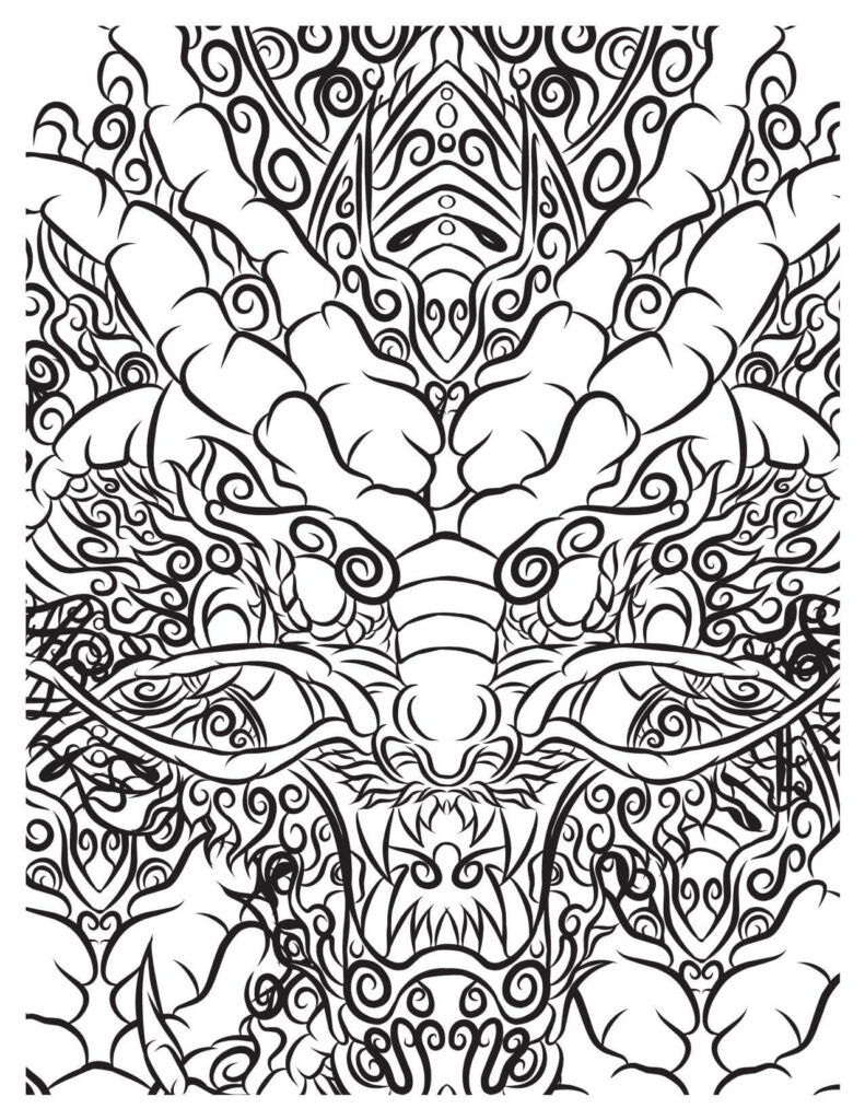 Tattoo Style Dragon Face Design Coloring Page