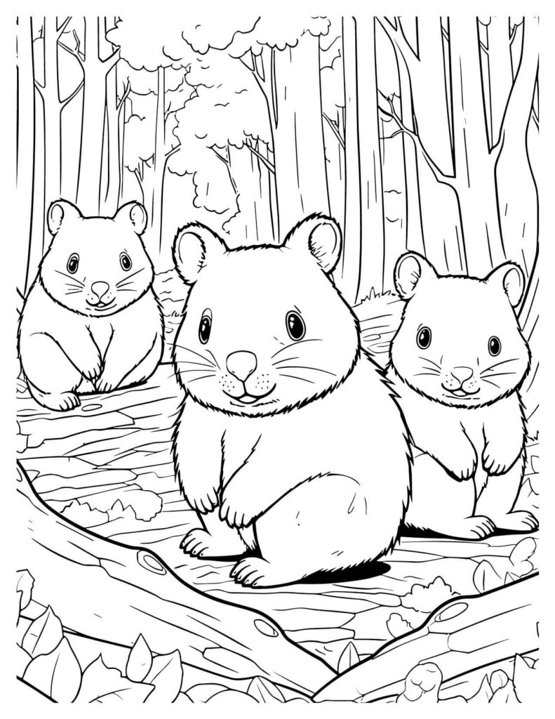 Three Loveable Baby Hamsters Forest Friend Coloring Pages