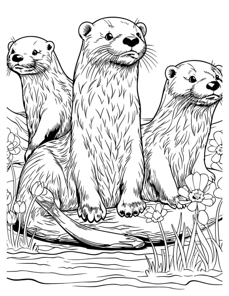 Three Otters Sitting On A Log In Water