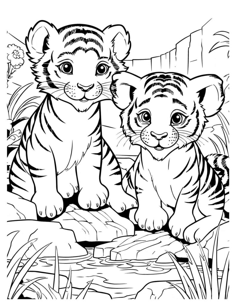 Tiger Cubs Sitting Near Pond Forest Friend Coloring Pages