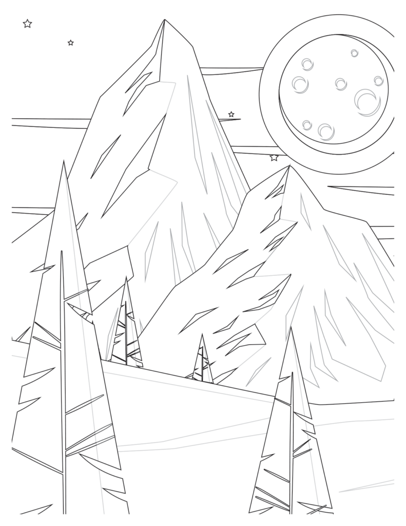 Top Mountain Range With Sun Coloring Page