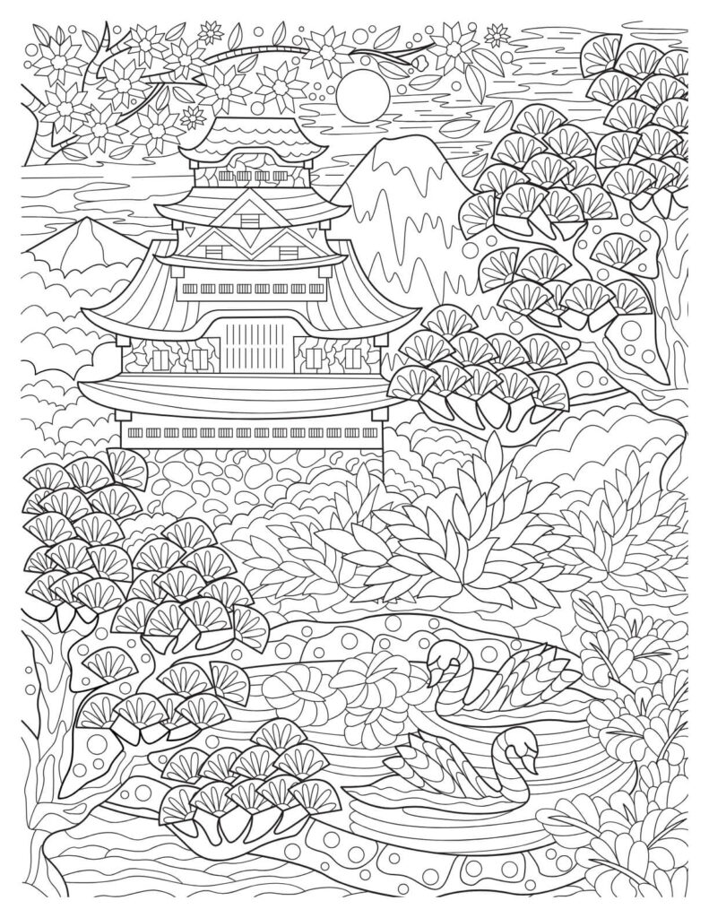 tranquil nature coloring pages japanese house