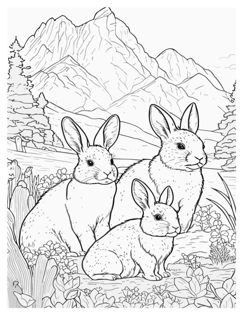  Family Of Rabbits In A Field With Mountains